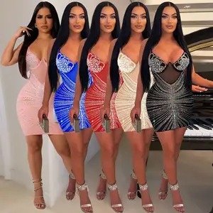 Venta al por mayor de diamantes de imitación de cristal de dama elegante vestido de fiesta cuello V profunda vestido de Correa Delgado apretado Bodycon Mini vestidos de noche