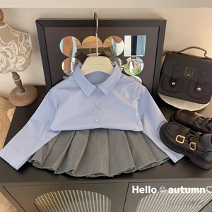 Girls Pleated Skirt Gray Cotton Solid Color Autumn School Style Casual Wear - Product Image 4