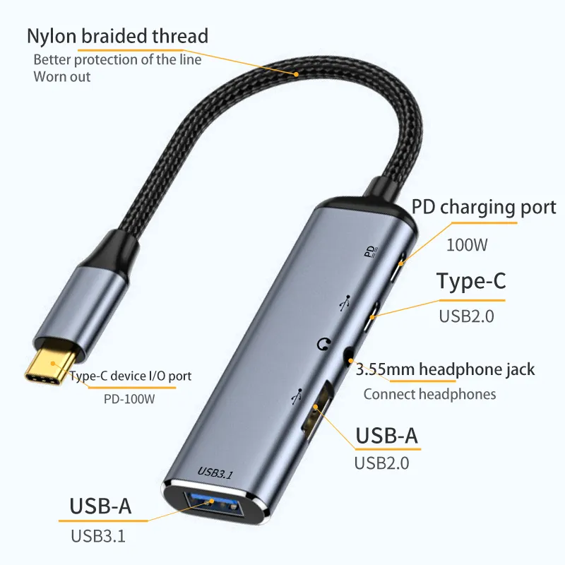 도킹 스테이션 6-in-1 TYPE-C 어댑터, USB-C PD 충전식 HDMI 4K USB 3.0 USB 허브 TYPE-C 허브 어댑터 오디오 비디오 어댑터