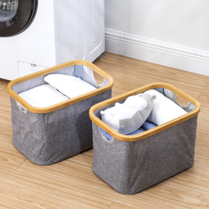 Cesta de almacenamiento plegable con marco de bambú, tela Oxford gris, cesta de lavandería plegable para dormitorio y organización de ropa al aire libre. - Product Image 1