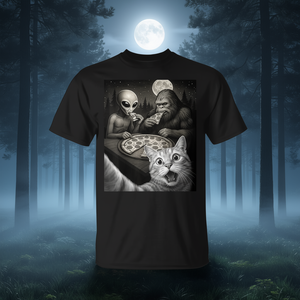 Selfie de un gato con Bigfoot comiendo pizza con camiseta de alienígena - Product Image 3