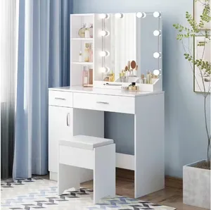 Meja ria MDF đá cẩm thạch bằng đá cẩm thạch trắng sản xuất Malaysia trang điểm Vanity Phân Gương bàn trang điểm kim loại và gỗ với ngăn kéo