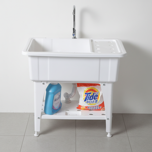 Lavabo Moderno Cuadrado <span class=keywords><strong>con</strong></span> Pedestal, Soporte para Grifo de un Solo Orificio, Lavabo de Plástico para Baño o Lavandería <span class=keywords><strong>con</strong></span> Desagüe para Uso en Hoteles - Product Image 1