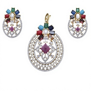Magnifique ensemble de pendentifs plaqués or avec zircon multicolore et perle d'imitation pour femmes, bijoux de mariage - Product Image 2