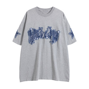 Camiseta de Manga Corta para Hombre, Estilo Americano, con Parches de Mezclilla y Estampado de Leopardo, Formal, de Seda/Algodón, Holgada, 300 Gramos, Versátil - Product Image 1