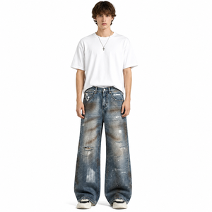 Jean ample vintage Wangsheng pour homme, coupe large, taille mi-haute, effet éclaboussures de peinture, en denim extensible (spandex/coton), délavage moyen, style années 90 - Product Image 6