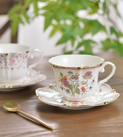 Service à thé en porcelaine fine de luxe, design européen exquis, imprimé floral, tasses à café vintage, soucoupes, compatible lave-vaisselle
