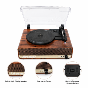 Tourne-disque vintage en bois à 3 vitesses avec haut-parleurs stéréo intégrés sans fil et cache anti-poussière transparent - Product Image 4