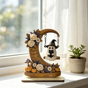 Letrero de Madera para Mesa de Halloween, Adorno de Escritorio con Figura de Pareja de Fantasmas en Columpio y Luna Floral, Decoración <span class=keywords><strong>Pastel</strong></span> para el Hogar en Halloween - Product Image 1
