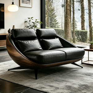 Divano Vintage con Dettagli in Legno Caldo e Contrasto in Pelle Nera per Interni Mid-Century e Moderni - Product Image 5