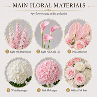 Arrangement de fleurs artificielles en soie rose clair fait main, Delphinium, Calla Lily, support en métal cristallin, décoration de mariage et de banquet