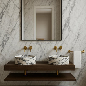 Lavabo da <span class=keywords><strong>Bagno</strong></span> Moderno in Marmo Calacatta Viola Scanalato con Alzatina Integrata per Interni di Lusso - Product Image 5