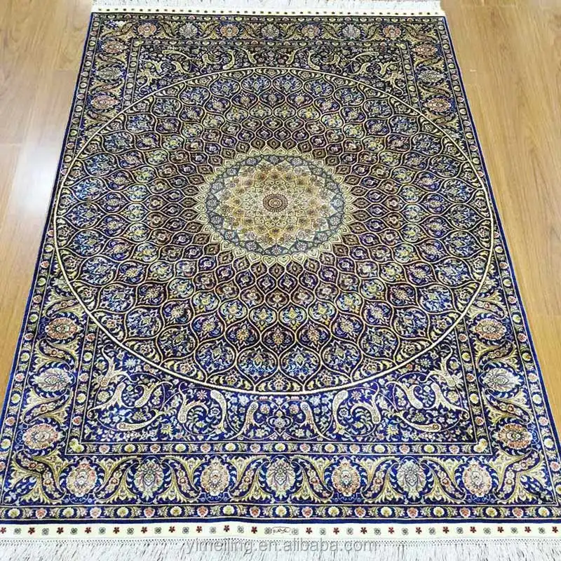 4x6 כחול בעבודת יד מרכזי גדול מדליון משי שטיח יד מסוקס מזרחי פרסית שטיחים לחדר עבודה