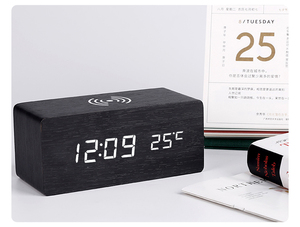 Giá bán buôn gỗ kỹ thuật số lịch đồng hồ báo thức bàn đèn không dây sạc đồng hồ - Product Image 5