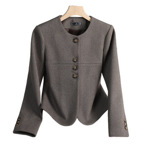 Women's Blazer Woolen Plaid Brown Gray Anti-Wrinkle Petite Casual Short Suit Autumn 2025 New Style - Product Image 5