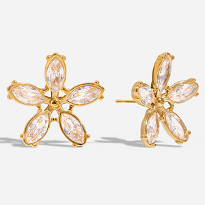 Flower <b>Stud</b> <b>Earrings</b> 18K Gold Plated White Zircon Everyday Wear Geometric Design Claw Setting - Product Image 1
