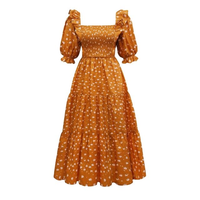 Women Boho Floral Print Square Neck Short Sleeve a Line Smocked Dress Flounce Shirred Ruffle Maternity Flowy Maxi Dress Custom