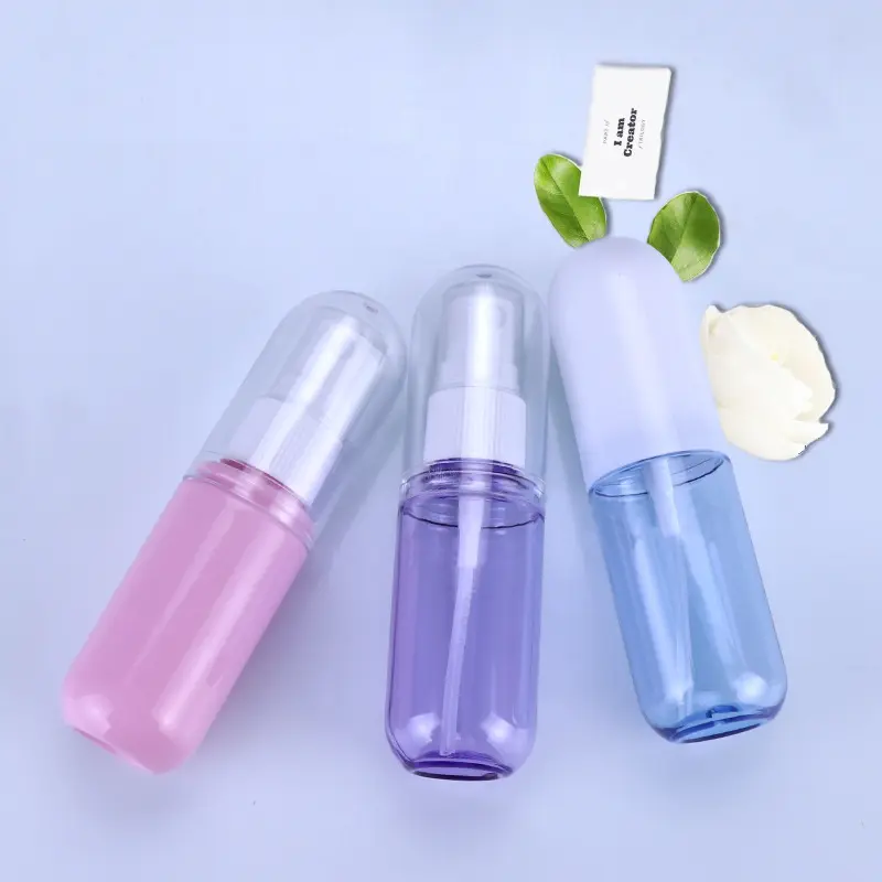 Flacone Spray a forma di capsula a nebbia Fine vendita calda 30ml trasparente personalizzato 50ml 100ml bottiglia di imballaggio in plastica per animali domestici