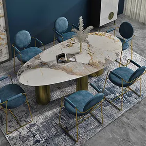 Mesa de comedor de diseño Irregular italiano, mesa de comedor grande de 2,4 m con tapa de piedra sinterizada, con forma ovalada de mármol de 10 plazas