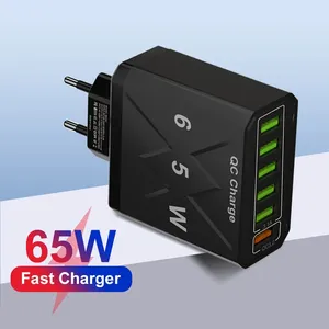 Adaptor pengisi daya ponsel, pengisi daya USB cepat 3.0 6 Port 65W untuk Samsung Xiaomi Multi Port