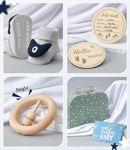 Ensemble de panier-cadeau pour bébé garçon, <span class=keywords><strong>9</strong></span> pièces, essentiels pour nouveau-né, couverture en peluche renard, grenouillère, hochet en bois, chaussettes, bavoir, valise, 0-6 <span class=keywords><strong>mois</strong></span> - Product Image 6