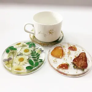 Esteira de copo de resina transparente, design da natureza, flor real, frutas, folha de ouro transparente, artesanal, copo de chá, café