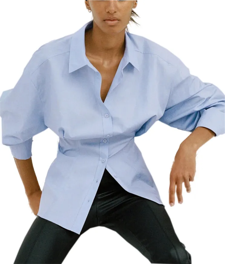 Casual style waist pleated ladies blouse blue urban beauty blouse 100% cotton blouse