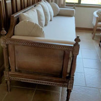 Sofá de Tela y Madera Maciza Estilo Americano, Juego de Tres Piezas, Cama de Mimbre Estilo Francés Vintage, Sofá en Forma de U Móvil de 3 Plazas para Espacios Pequeños