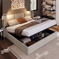 Lit de chambre moderne avec base de lit LED USB, tête de lit, lattes doubles, espace de rangement, rembourré pour 2 personnes (sans matelas)