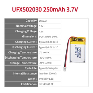 סיטונאי <span class=keywords><strong>3.7v</strong></span> ufx502030 250 סוללות ליתיום li <span class=keywords><strong>250mah</strong></span> <span class=keywords><strong>3.7v</strong></span> 502030 li סוללת ליתיום עם אישור kc ul1642 - Product Image 2