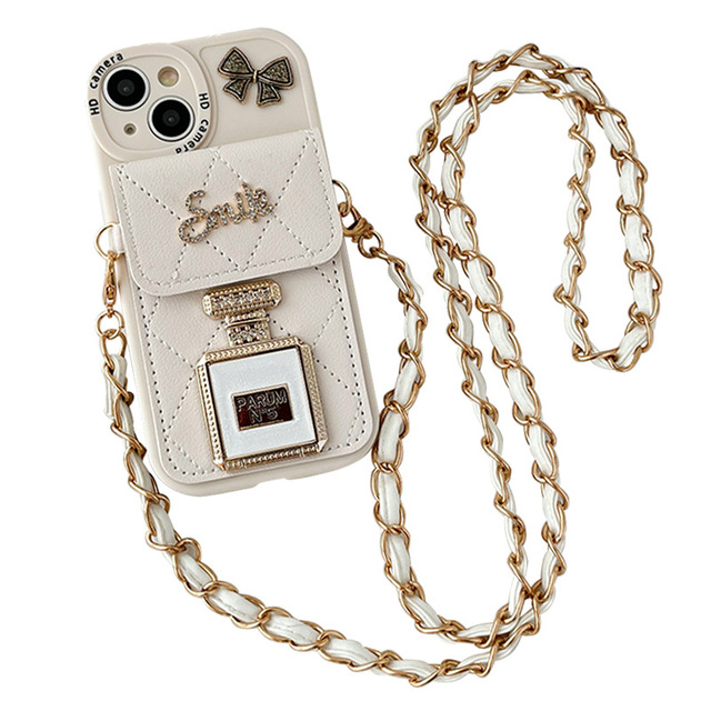 Perfume Bottle Flip Mirror with Crossbody Chain Back Strap Coin Purse Card Holder Phone Case for iPhone 17 Promax 16 Plus 15 12