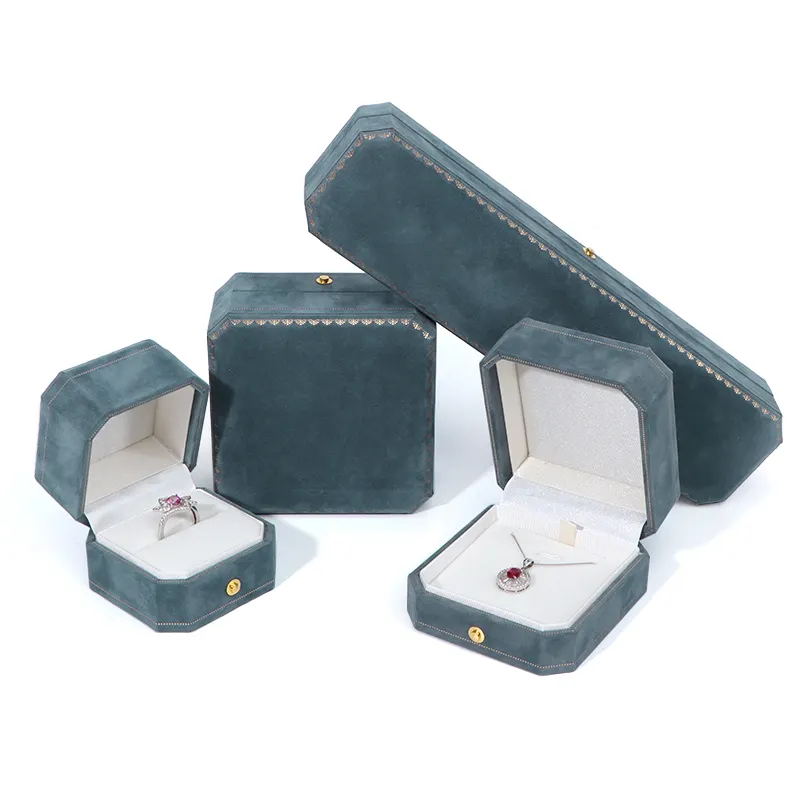 Custom Octagon Plastic Hinge Ring Earring Necklace Bracelet Packaging Box Velvet Jewelry Box