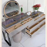 Meuble de chambre à coucher en gros : Coiffeuse moderne en bois avec LED, miroir et rangement, design simple