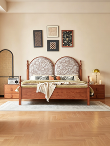 Premium Solid Wood <b>Bed</b> <b>Frame</b> French Vintage Double Round Upholstered Headboard Floral Pattern Comfortable Bedroom Furniture Stab - Product Image 1