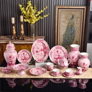 Luxury Pink Floral Ceramic Dinnerware Set Gold Rim Porcelain Plates Bowls Cups Teapot Vases Portable Dishwasher Safe for Elegant - Product Image 1