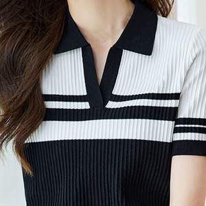 Haut à <span class=keywords><strong>manches</strong></span> <span class=keywords><strong>courtes</strong></span> et col rabattu à rayures de printemps pour femmes - Product Image 5