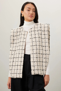 Oem personalizado pequeño Moq O cuello frente abierto a cuadros Tweed Chaleco de gran tamaño Casual chaqueta de <span class=keywords><strong>mujer</strong></span> de alta calidad - Product Image 2