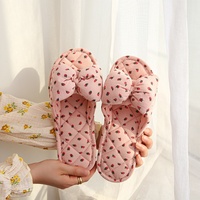 Chaussons d'intérieur pour femmes à bout ouvert, avec nœud papillon, semelles en tissu, silencieux, doux, absorbants la transpiration, en coton et lin, pour sols en bois
