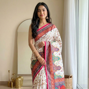 Sari de Seda Viscosa Pura con Bordado Meenakari y Zari, Borde Floral, Traje Tradicional Indio para Bodas y Fiestas, Largo hasta el Suelo para Mujer - Product Image 1