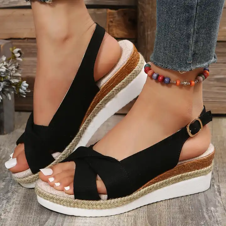 Wedges Sandals Shoes Hessian Ladies High Heels Comfy Buckle Summer Womens  Sizes | eBay