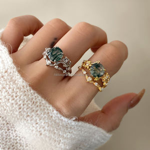 Anillo Apilable Minimalista de Latón Clásico con Ágata Musgosa Ecológica para Mujer, Anillos de Compromiso y Boda - Product Image 3