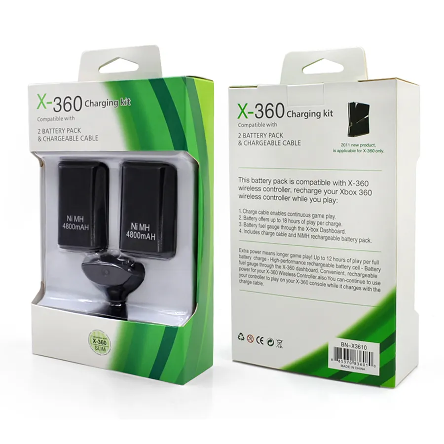 4800mah Battery 2 Pack For Xbox 360 Controller Play And Charger Kit Battery For Xbox 360 Black