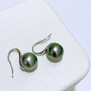 S925 Sterling <b>Silver</b> Tahitian Pearl Hook <b>Earrings</b>, 9-10mm Aurora Peacock Green Cultured Seawater Pearl Near Round for women - Product Image 4