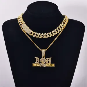 Fashion Trendy Jewelry Iced out Hiphop Born 2 Hustle Pendant Crystal Cuban Chain Necklaces Jewelry Accessories Sets