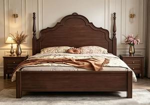 Premium Queen Size Solid Wood Spindle <b>Bed</b> With Carved Curved Headboard For Vintage Bedroom - Product Image 4