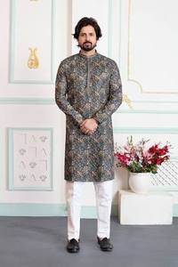 Ensemble Kurta Pyjama Gris Anthracite Imprimé, Motif Floral Paisley, Manches Longues, Tenue Traditionnelle Indienne pour Mariage et Cérémonies, Vêtement Ethnique Festif - Product Image 4