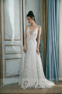 Ruolai PEV-L3042 Glitter <span class=keywords><strong>Tulle</strong></span> applicato Abendkleid Shinning scollo a v Aline abiti da sera <span class=keywords><strong>lunghi</strong></span> abiti da sera da ballo - Product Image 5