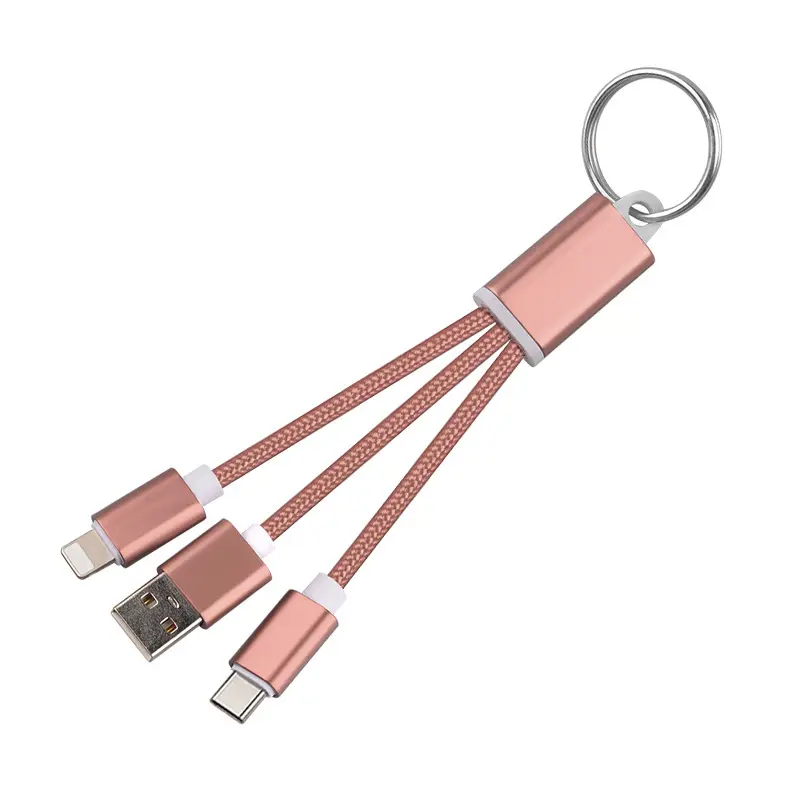 High quality nylon braided metal keychain 2 in 1 micro usb type c fast charging cable 3 in 1 charger usb