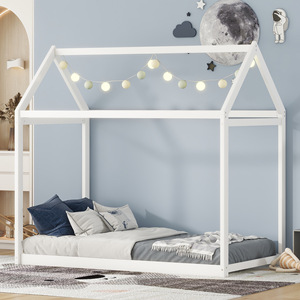 Cama Infantil Blanca con Forma de Casa, Tamaño Individual, Muebles Duraderos para Cuarto de Juegos, Cama para Niños - Product Image 1