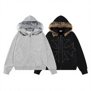 Sudadera con capucha Y2K de invierno para hombre, estilo vintage, informal, holgada, brillante, con pedrería, cremallera, forro polar y ribete de piel. - Product Image 3